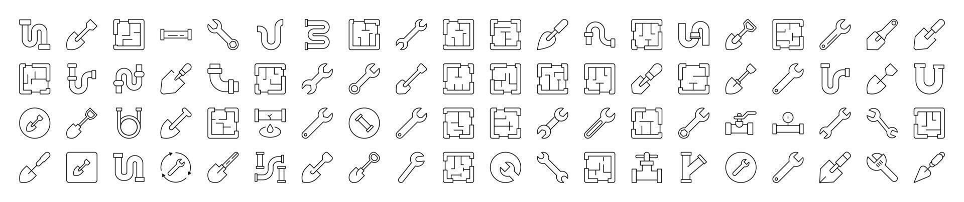 Collection of Repair and Renovation Related Line Icons. Editable Stroke for Design, Web Sites, Apps, Cards. Contains Linear Images of Floor Plan, Shovel, Spanner, Pipe vector