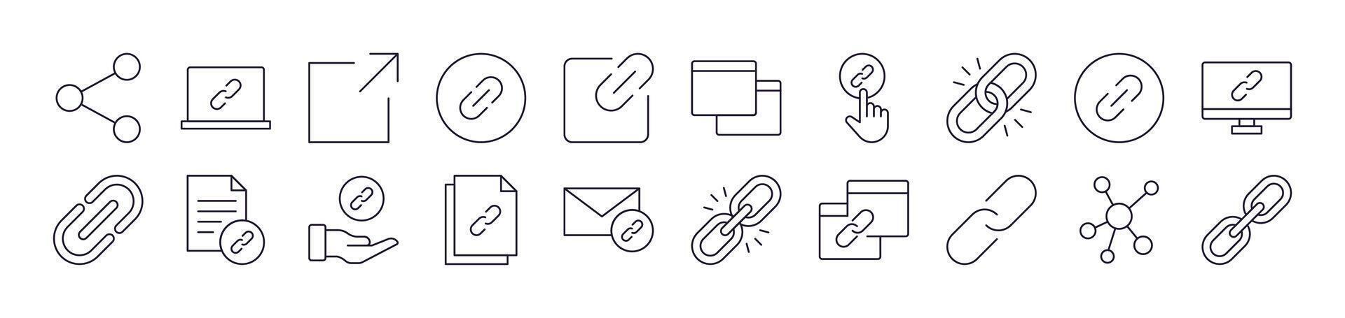 Collection of Line Icons of Link and Share. Editable Stroke. Minimalistic Linear Pictogram for Design of Cards, Apps, Banners, Posts vector