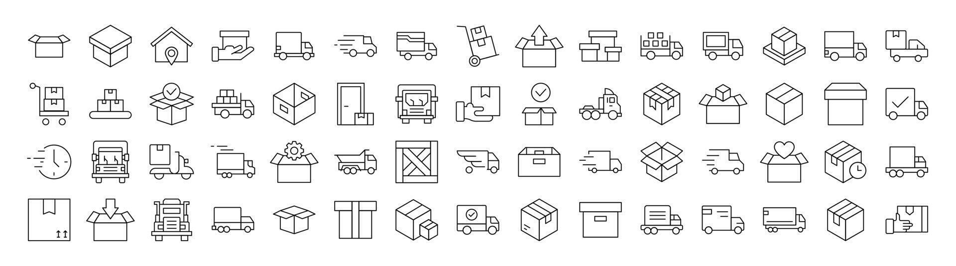 Collection of Delivery Related Line Icons. Editable Stroke for Design, Web Sites, Apps, Cards. Contains Linear Images of Boxes and Vans vector