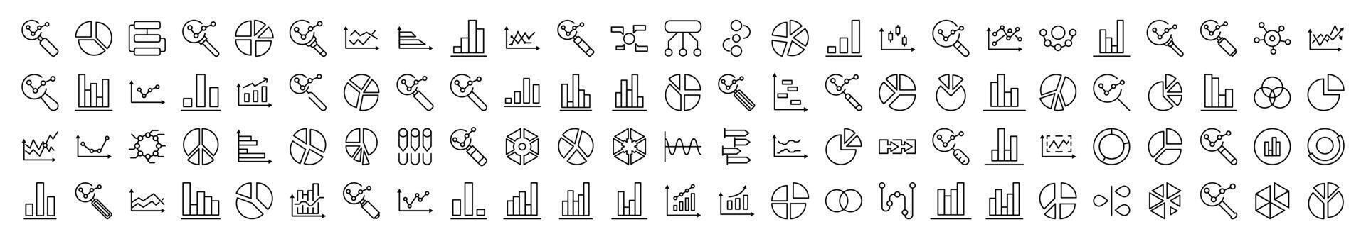 Magnifying Glass, Progress Bar, Pie Chart, Analytics Related Icon Set. Editable Stroke. Suitable for Web Sites, Books, Cards, Apps vector
