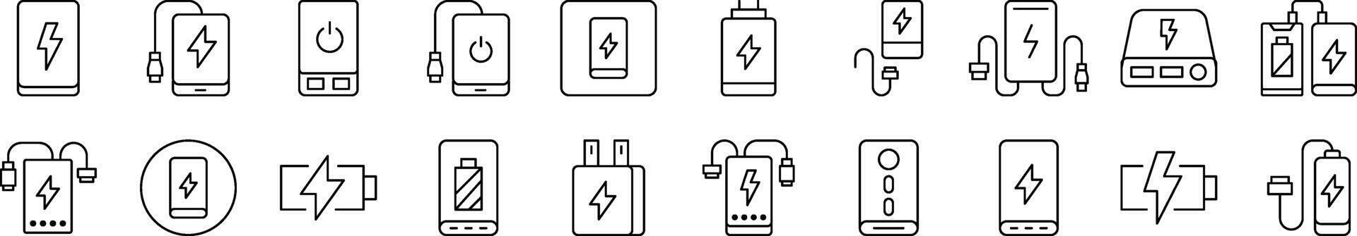 Set of Line Icons of Energy, Charger, Battery. Editable Stroke. Minimalistic Linear Pictogram for Design of Cards, Apps, Banners, Posts vector