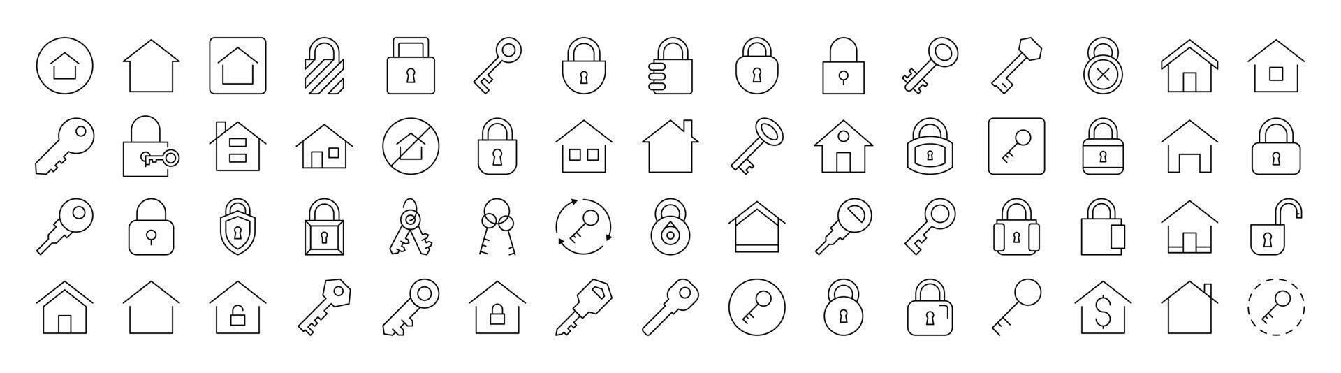 Real Estate Line Icon Set. Modern Collection for Design, Web Sites, Apps, Cards. Contains Linear Images of House and Key vector