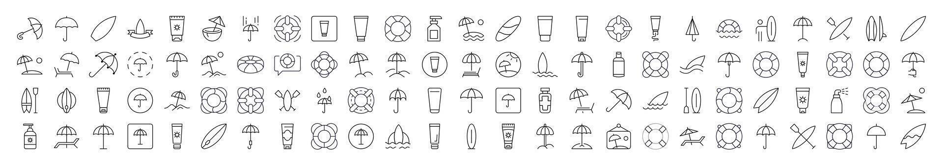 Collection of Outline Symbols of Umbrella, Sunscreen, Surfboard, Lifeline Drawn with Thin Line for apps, web sites, banners, infographics and other types of design vector