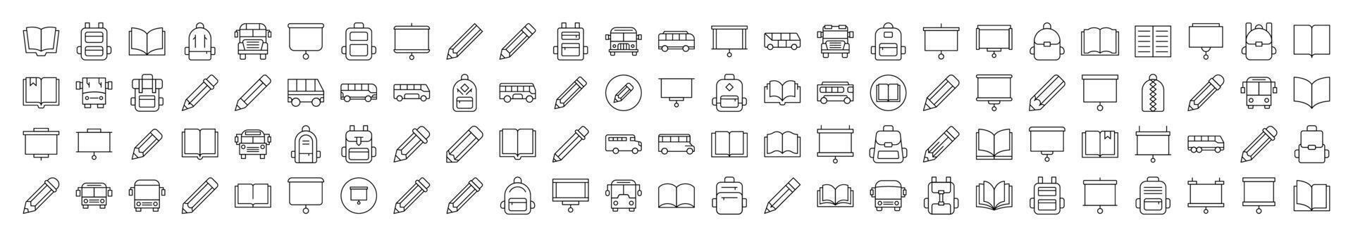Collection of Line Icons of Pen, Presentation Board, Bus, School Bag, Book. Editable Stroke. Minimalistic Linear Pictogram for Design of Cards, Apps, Banners, Posts vector
