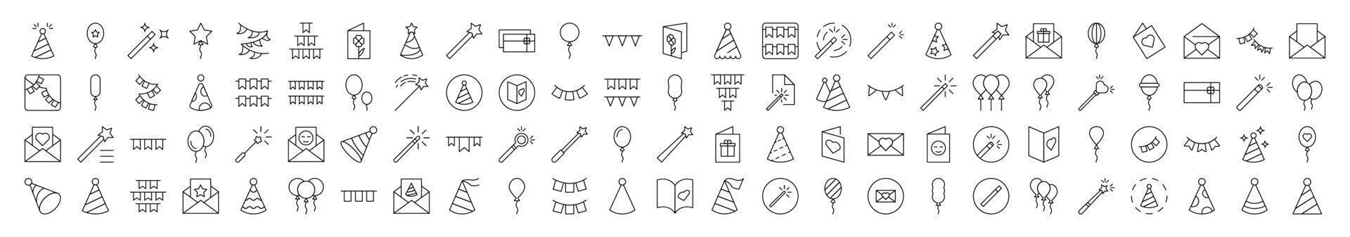 Holiday Line Icon Set. Modern Collection for Design, Web Sites, Apps, Cards. Contains Linear Images of Balloons, Magic Wands, Postcards, Garlands, Holiday Hat vector
