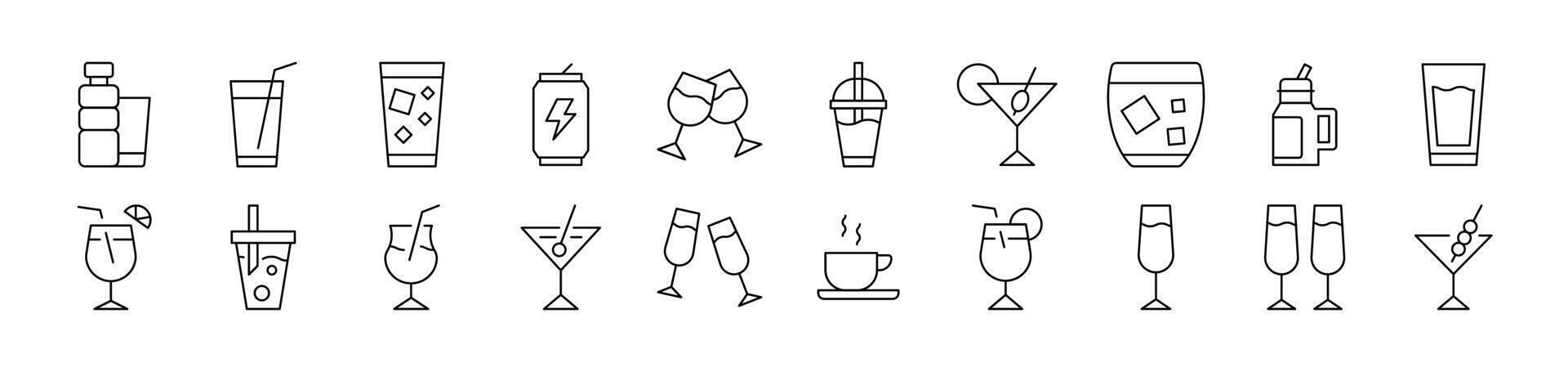 Collection of Line Icons of Alcoholic Drink, Energy Drink, Soft Drinks Drawn with Thin Line for apps, web sites, banners, infographics and other types of design vector