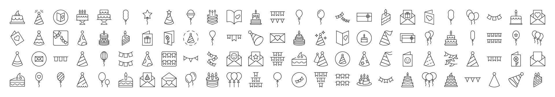 Cake, Holiday Hat, Postcard, Garland, Balloon Related Line Icons for Web Sites, Books, Cards, Apps. Editable Stroke. Suitable for Web Sites, Books, Cards, Apps vector