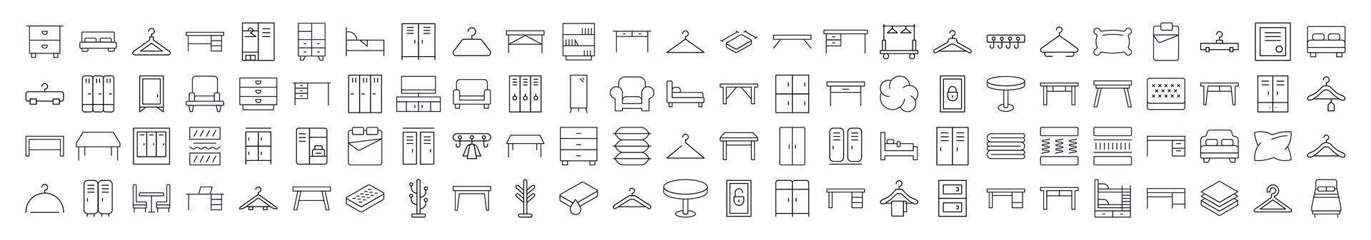 Furniture Icon Bundle. Contains Icons of Bed, Table, Mattress, Coat Hook that Can Be Used for Design of Cards, Posts, Apps, Web Sites vector