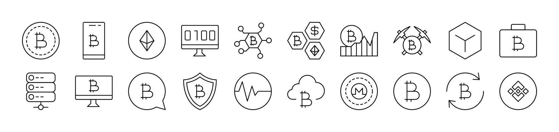 Cryptocurrency and Bitcoin Outline Sign Collection. Editable Stroke. Perfect for Infographics, Articles, Books, Flyers, Banners vector