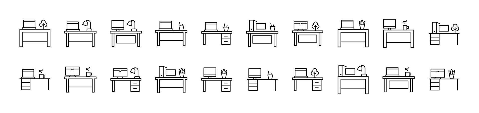 Computer on Table Collection of Thin Icons. Editable Stroke. Suitable for Web Sites, Books, Cards, Apps vector