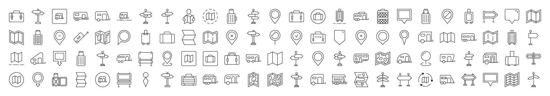 Motorhome, Map Pin, Baggage, Direction Pointer Thin Icons Collection. Editable Stroke. Suitable for Web Sites, Books, Cards, Apps vector