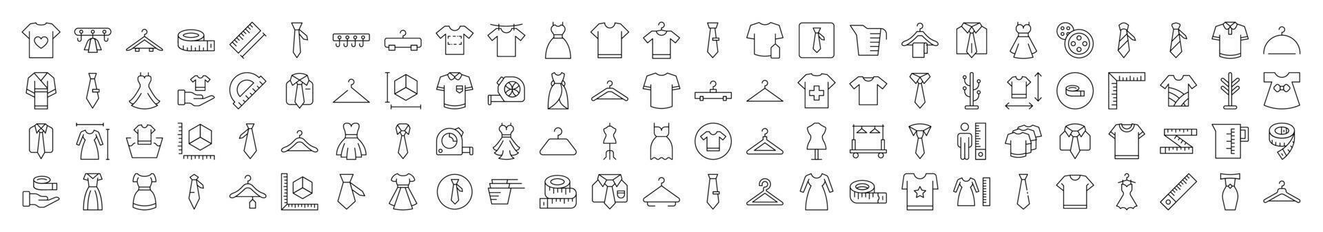 Sewing and Garment Line Icon Collection. Modern Collection for Design, Web Sites, Apps, Cards. Contains Linear Images of T Shirt, Dress, Tie, Measuring Tape, Rack vector