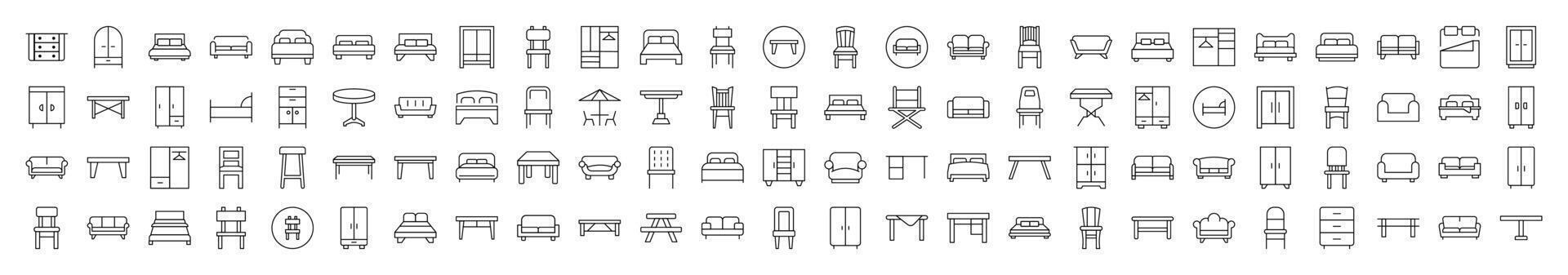 Collection of Images of Wardrobe, Bed, Sofa, Table, Chair Drawn with Thin Line for apps, web sites, banners, infographics and other types of design vector