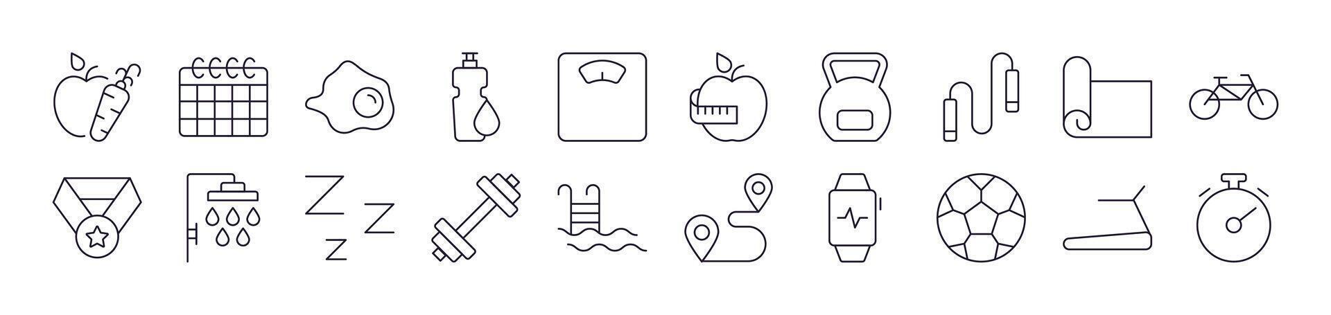 Collection of Signs of Healthy Lifestyle, Fitness, Wellness Drawn with Thin Line for apps, web sites, banners, infographics and other types of design vector