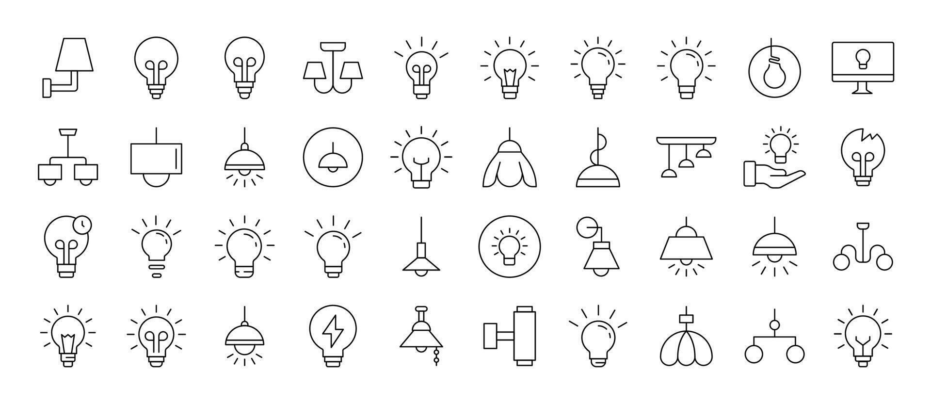 Light Bulbs, Lamps, Chandeliers Simple Isolated Line Icons Collection. Editable Stroke. Suitable for Web Sites, Books, Cards, Apps vector