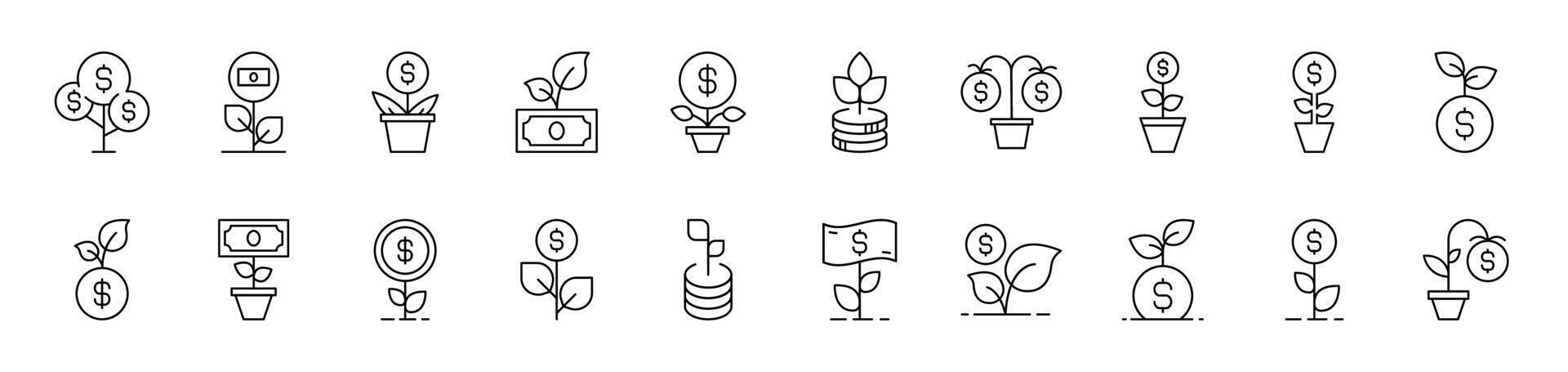 Money Tree Outline Picture Collection. Editable Stroke. Perfect for Infographics, Articles, Books, Flyers, Banners vector