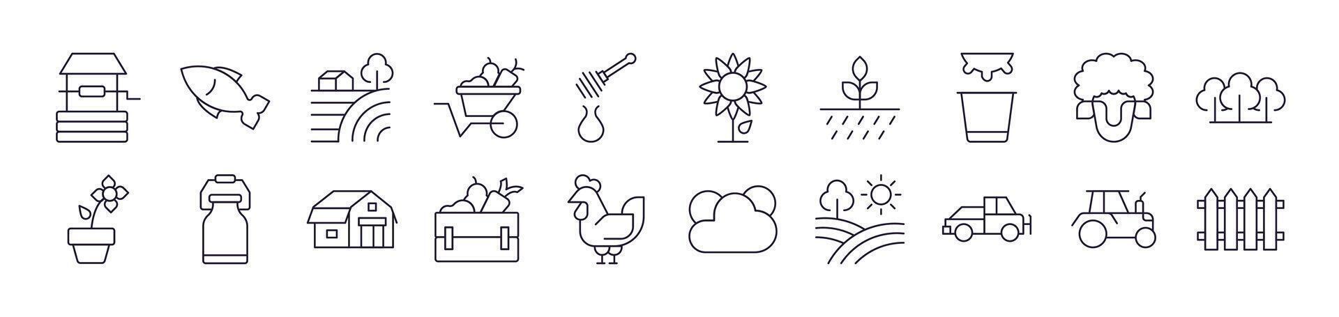 Collection of Outline Symbols of Field, Farm, Garden Drawn with Thin Line for apps, web sites, banners, infographics and other types of design vector