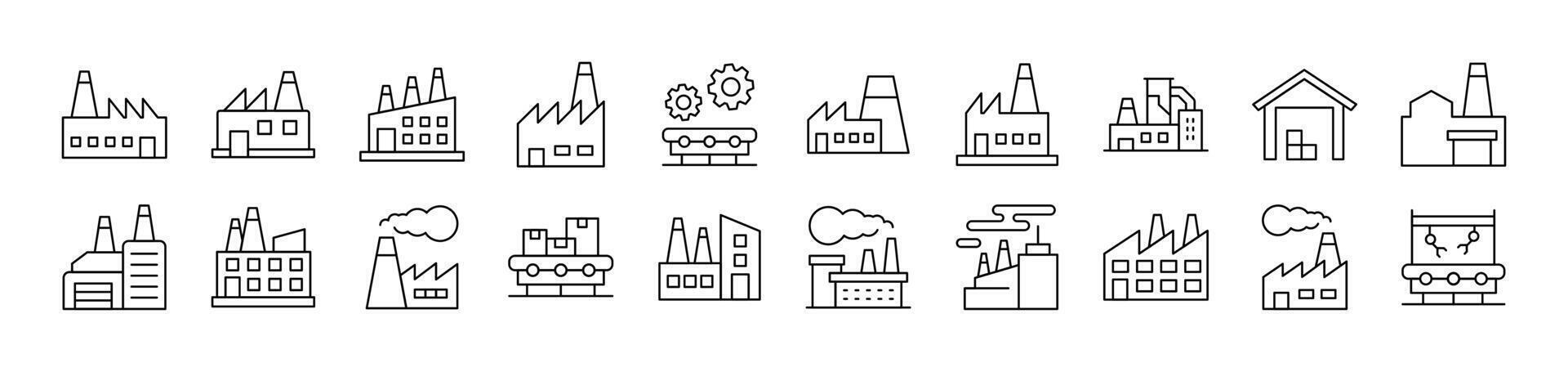 Collection of Outline Signs of Factory, Manufacture Drawn with Thin Line for apps, web sites, banners, infographics and other types of design vector
