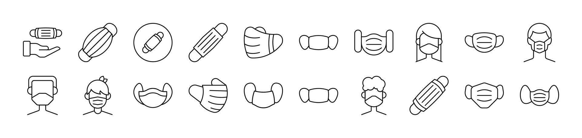 Collection of Outline Signs of Medical Face Mask Drawn with Thin Line for apps, web sites, banners, infographics and other types of design vector