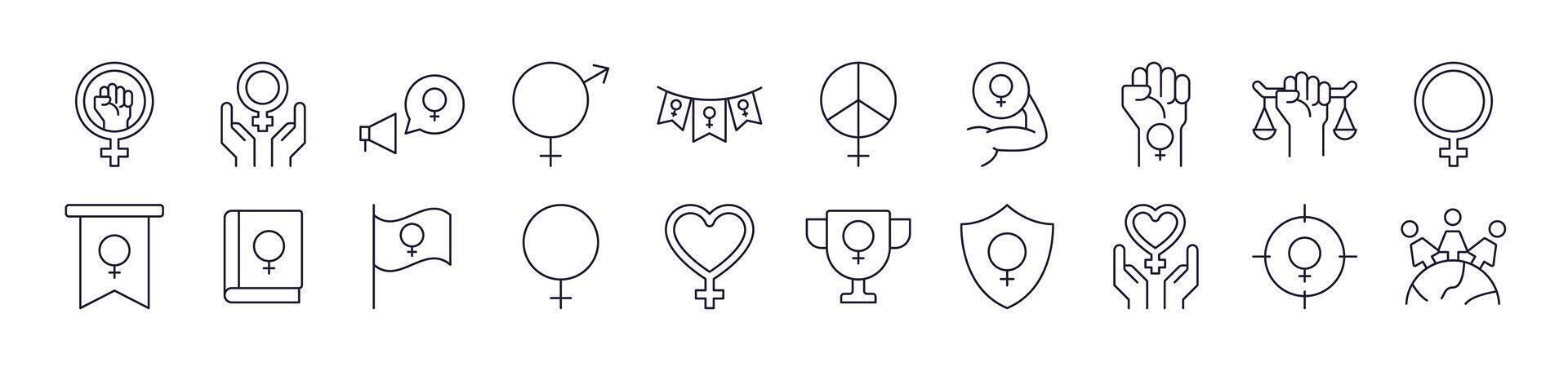 Collection of Outline Signs of Gender, Feminism, Solidarity Drawn with Thin Line for apps, web sites, banners, infographics and other types of design vector