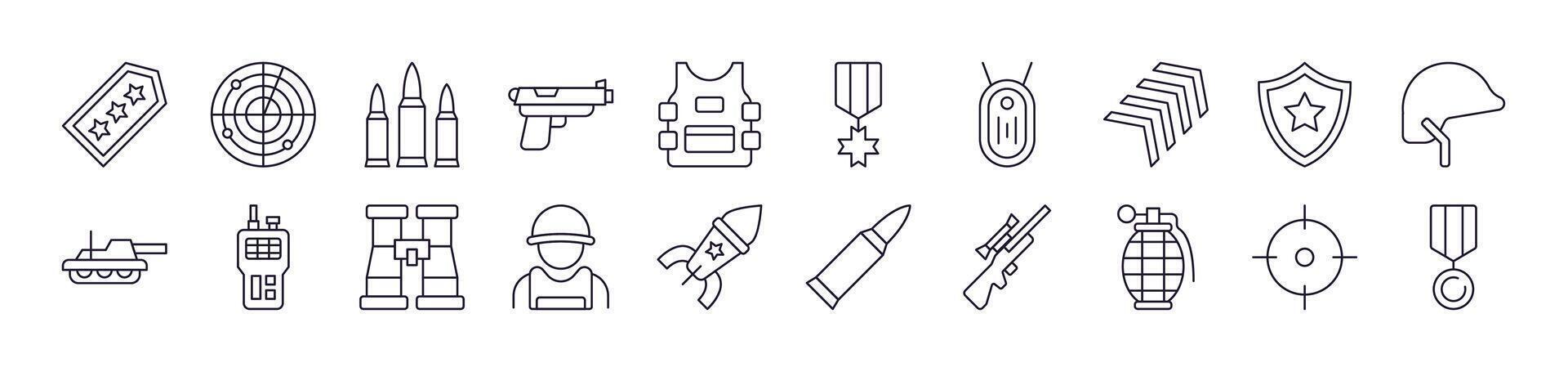 Army and Military Outline Icon Collection. Editable Stroke. Perfect for Infographics, Articles, Books, Flyers, Banners vector