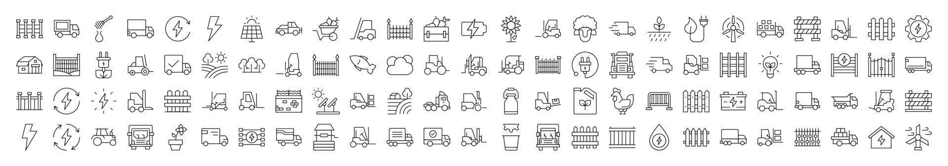 Line Icon Set of Agriculture. Contains Icons of Tractor, Fence, Farm, Energy that Can Be Used for Design of Cards, Posts, Apps, Web Sites vector
