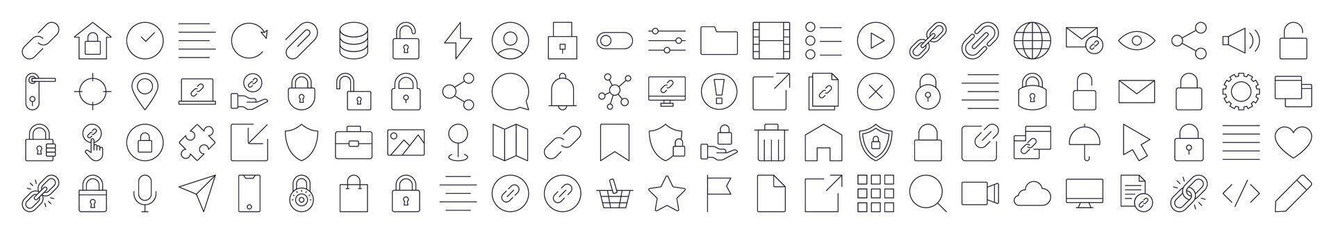 Interface Line Icon Bundle. Modern Collection for Design, Web Sites, Apps, Cards. Contains Linear Images of Share, Coding, Like, Bookmark, Menu vector