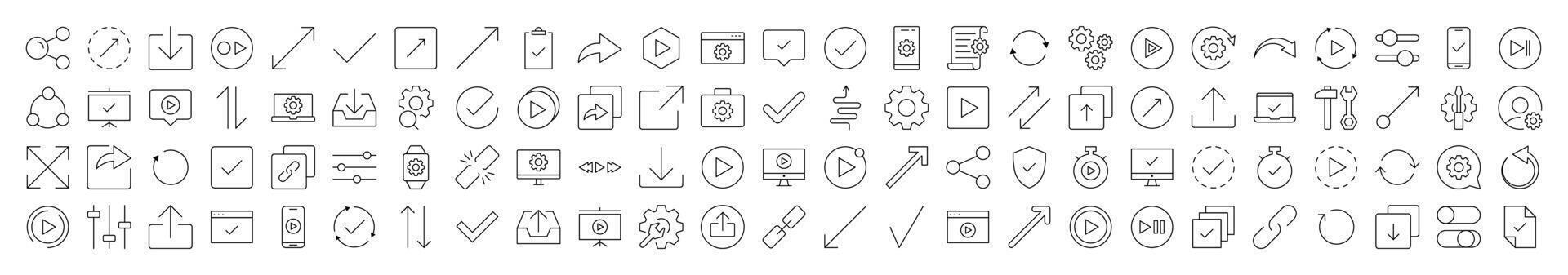 Arrows, Share, Check, Turn, Download, Settings Simple Isolated Line Icons Collection. Editable Stroke. Suitable for Web Sites, Books, Cards, Apps vector