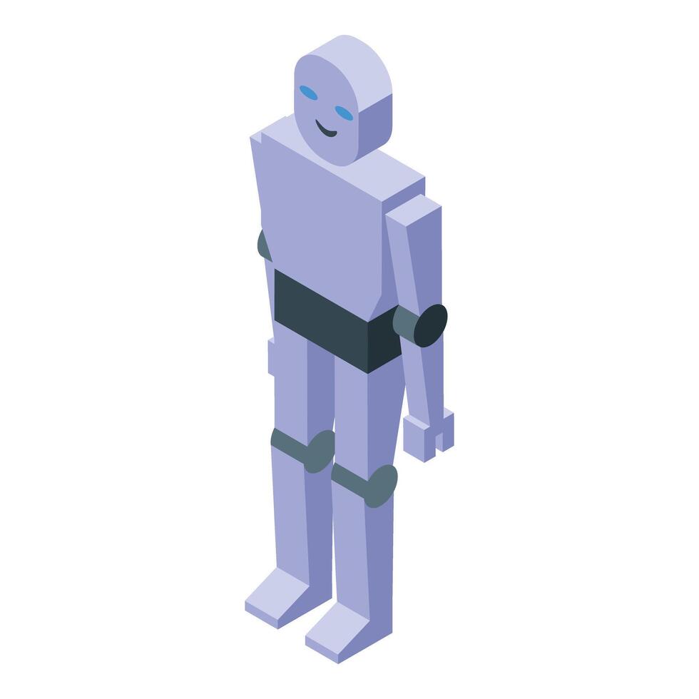 Smiling robot standing with arms down and blue eyes in isometric view vector