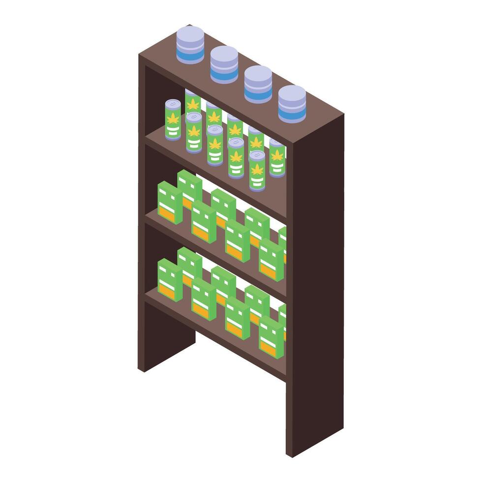 Cannabis store displaying medical marijuana products on shelves vector