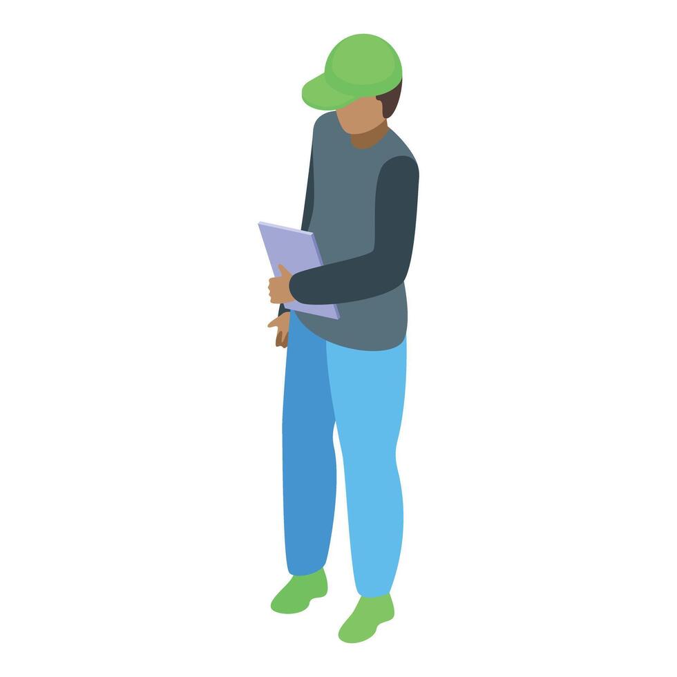 Delivery man holding tablet and wearing green cap isometric icon vector