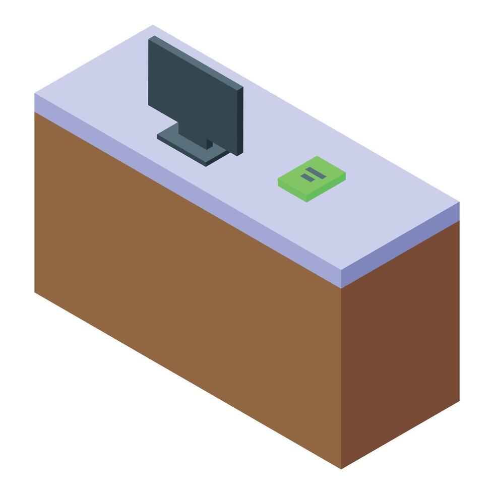 Reception desk with computer and payment terminal showing isometric projection vector