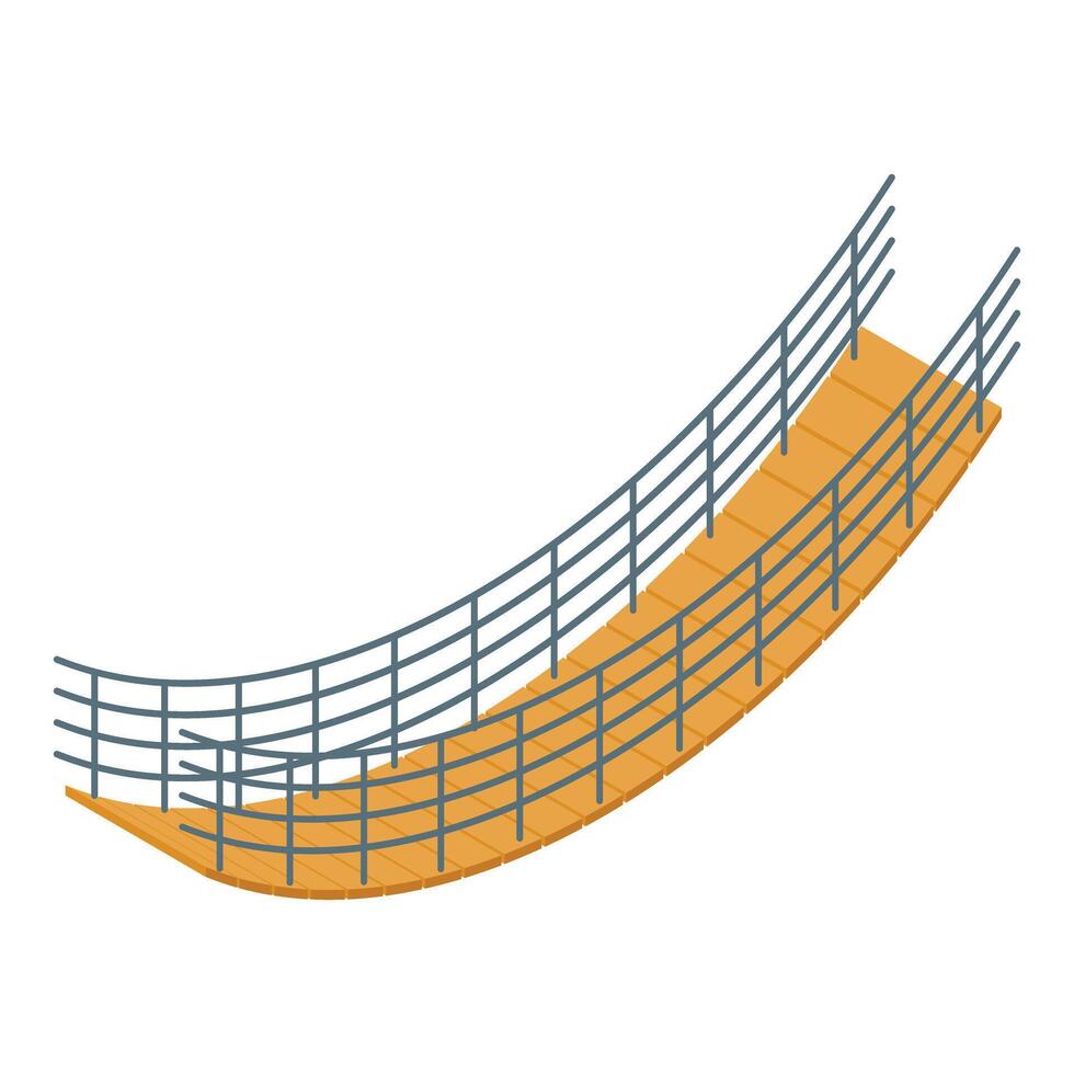 Wooden suspension bridge with metal railing connecting two sides vector