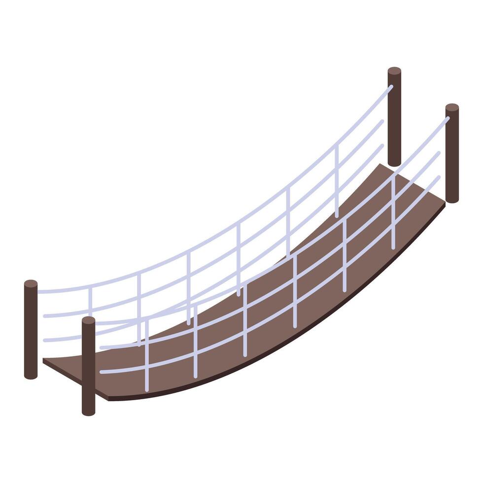 Rope bridge connecting two sides with wooden planks and safety netting vector