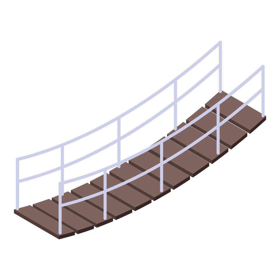 Wooden curved footbridge with metal railing spanning a gap, isometric view vector