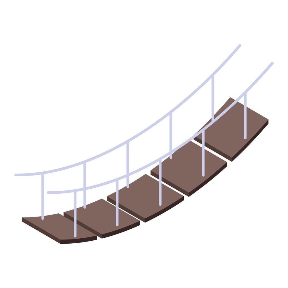 Wooden suspension bridge connecting two sides with metal railing in isometric view vector