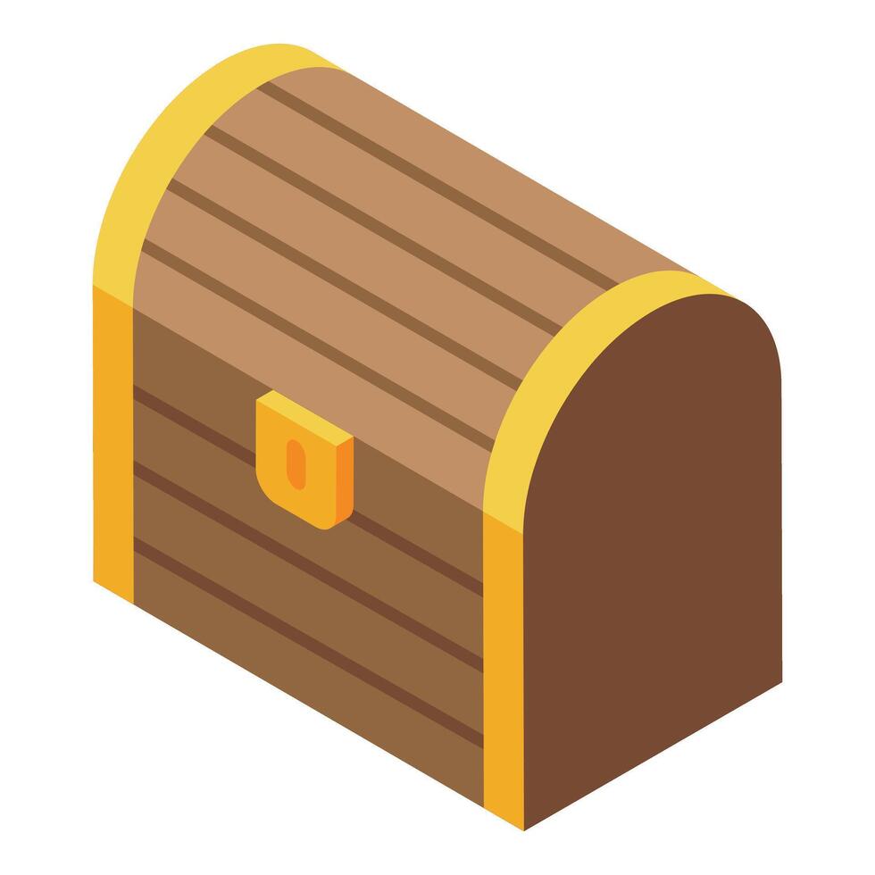 Closed wooden treasure chest with golden details in isometric view vector