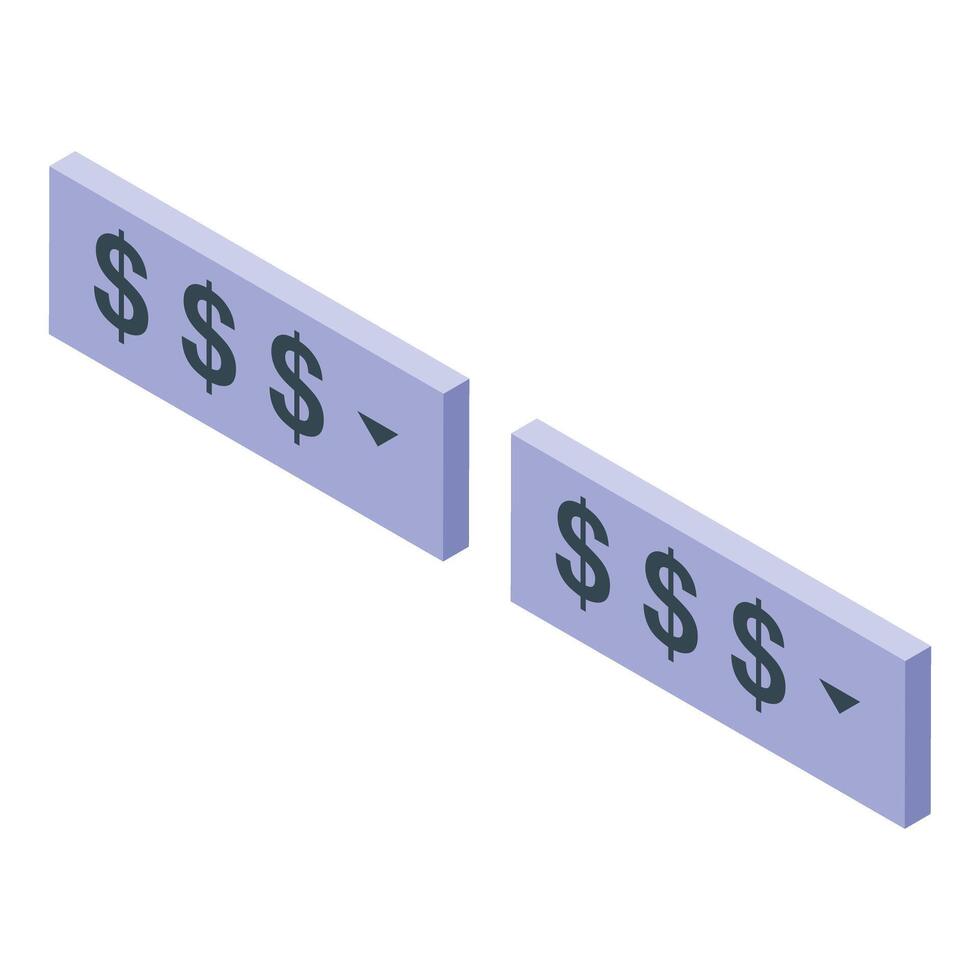 Two digital rectangles showing dollar sign decrease trend with downward arrow vector
