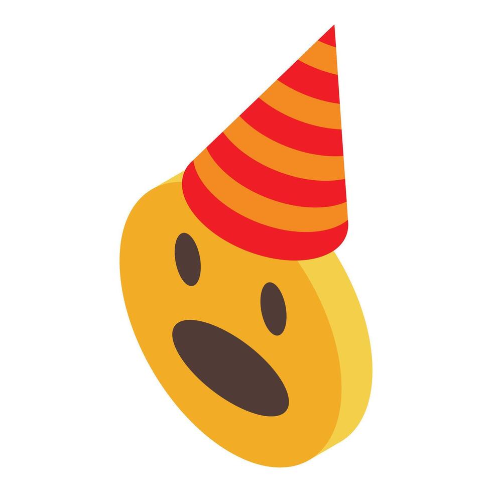Surprised emoji wearing birthday hat, isometric vector illustration