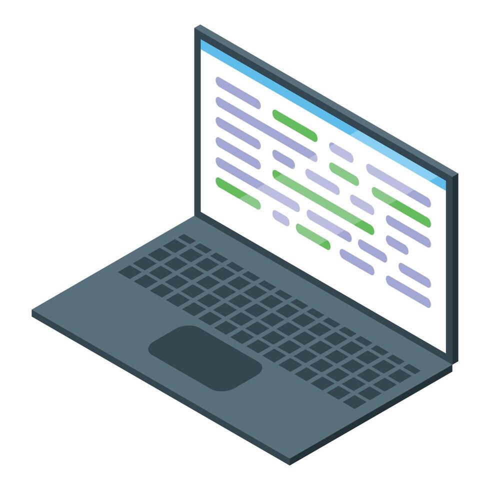 Laptop showing programming code on screen in isometric view vector