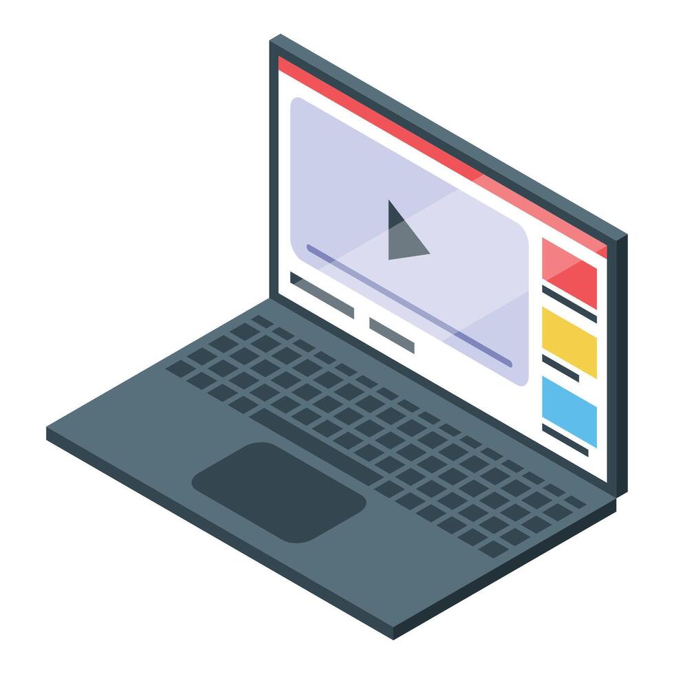 Laptop showing streaming video website interface with play button isometric view vector