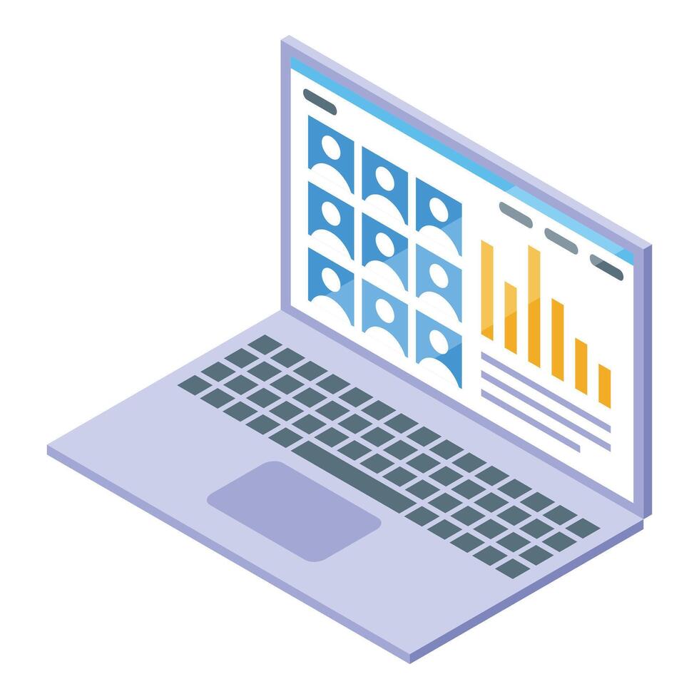 Headhunter using laptop showing candidate profiles and statistics for recruiting vector