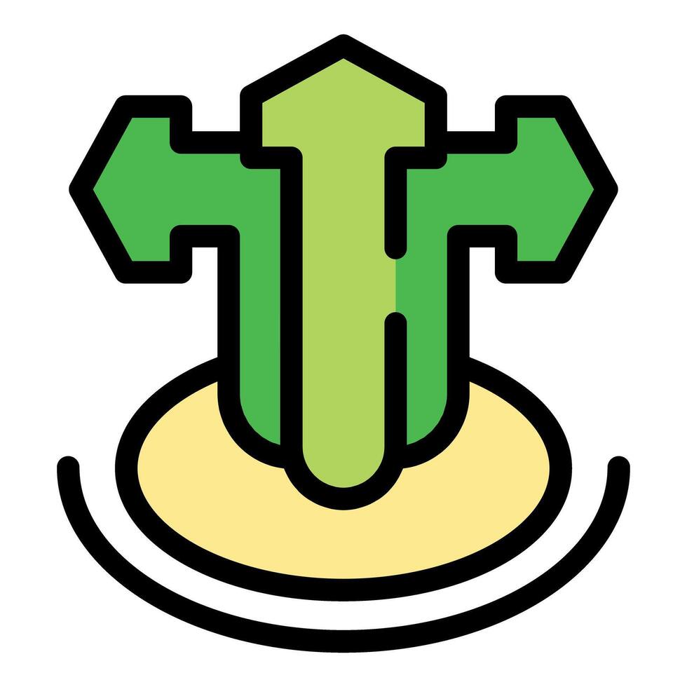 Green arrow pointing up with three arrows pointing to sides on a round base vector