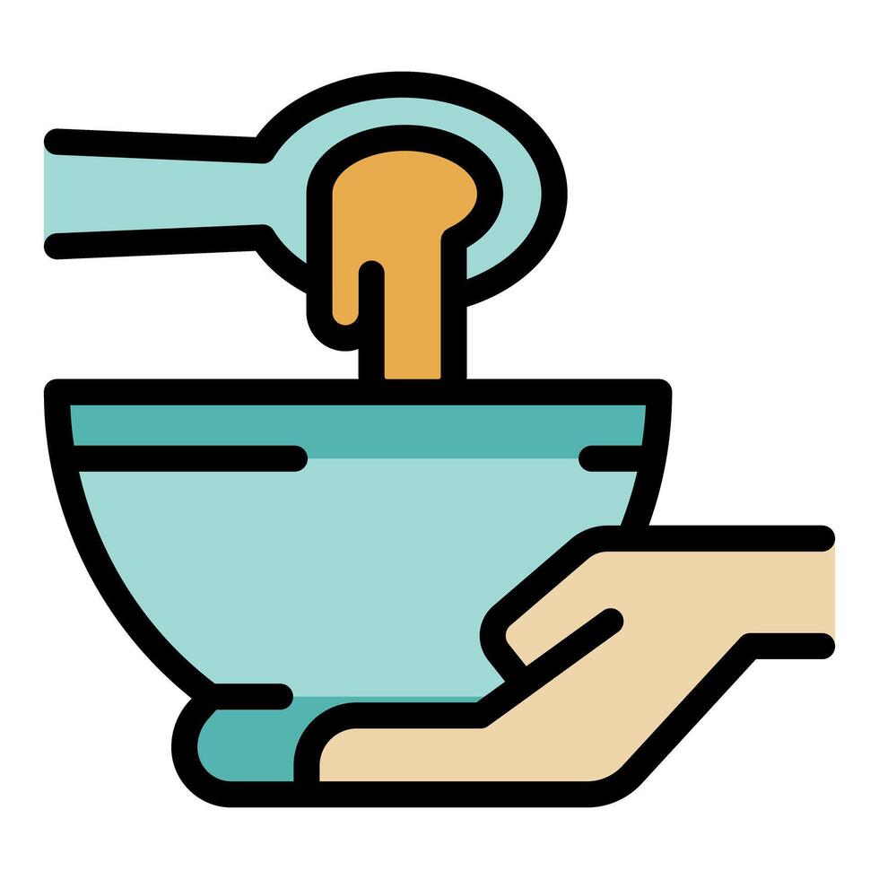 Person pouring food into bowl being held by another person vector