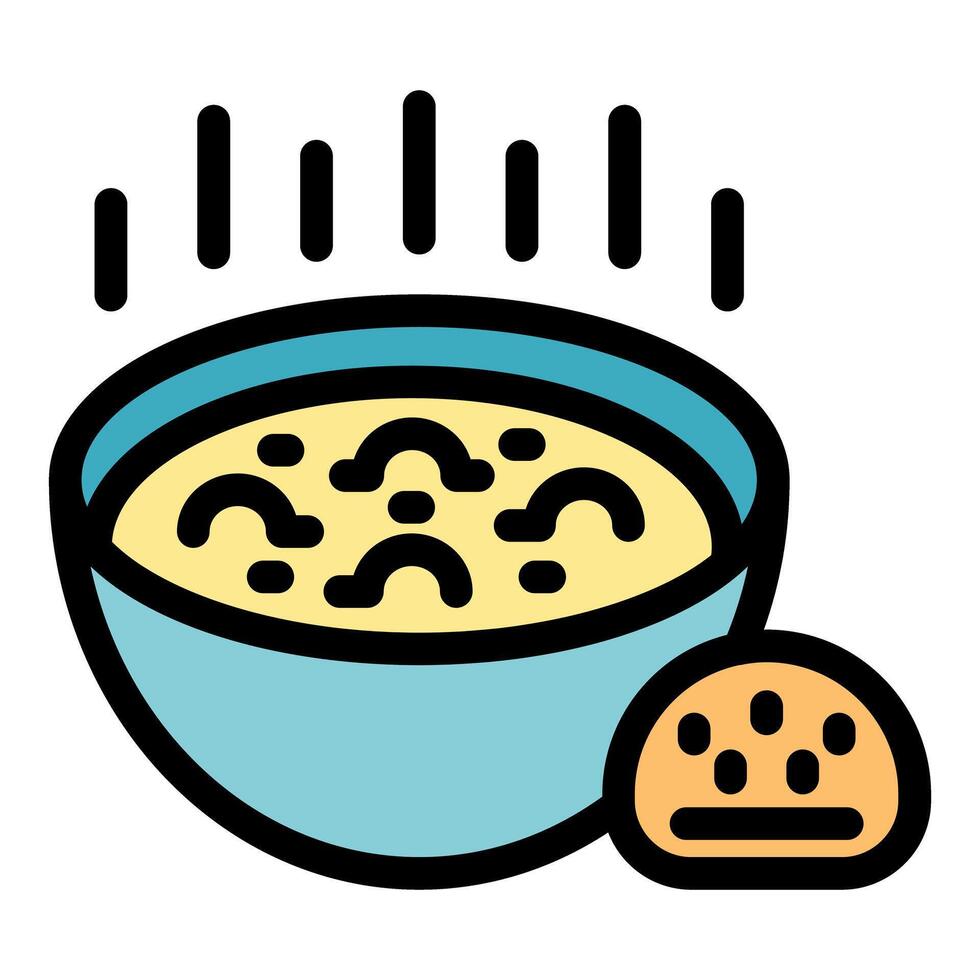 Steaming hot bowl of soup with side bread roll icon vector