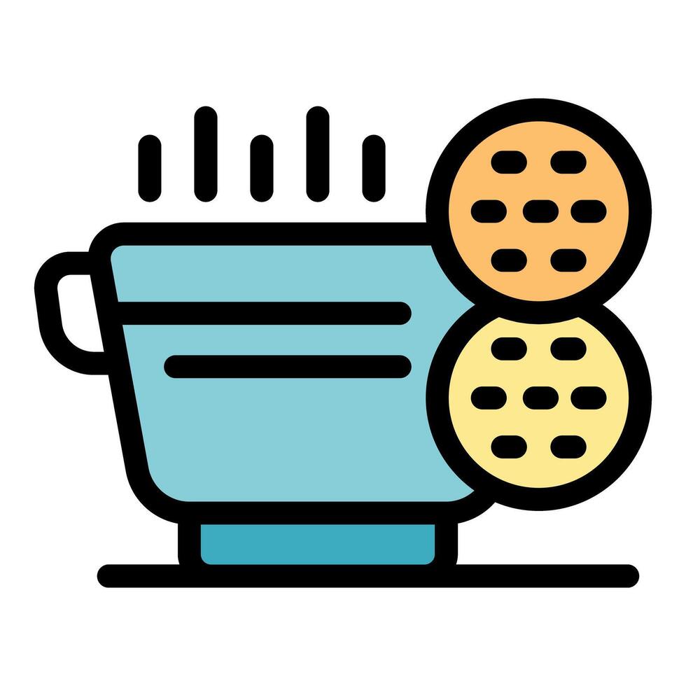 Steaming cup of tea with two round biscuits icon vector