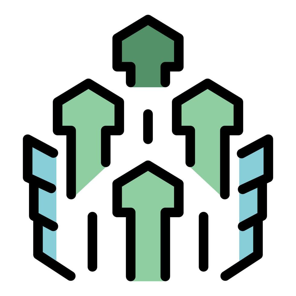 Green arrows pointing up surrounded by blue building walls icon vector