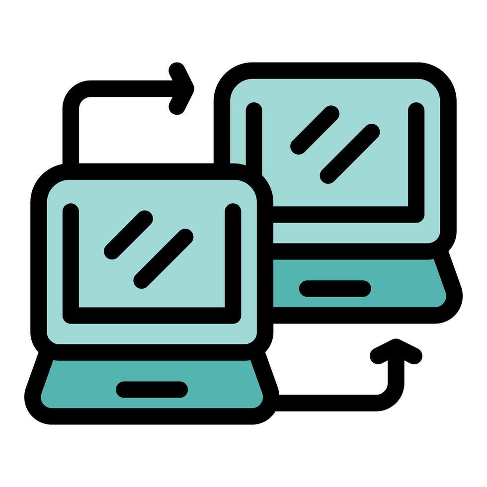 Two laptops exchanging data with double arrows for data transfer concept vector