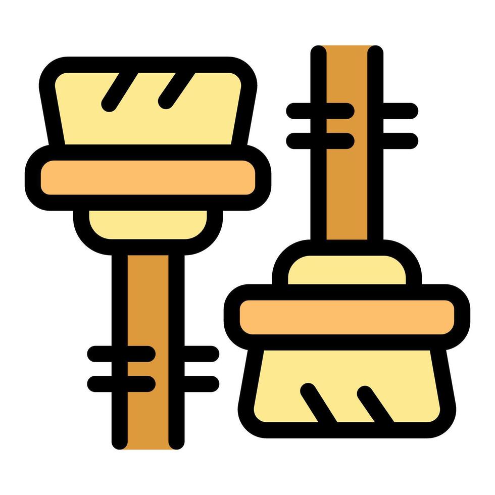 Cleaning tools icon depicting scrub brush and broom for housekeeping vector