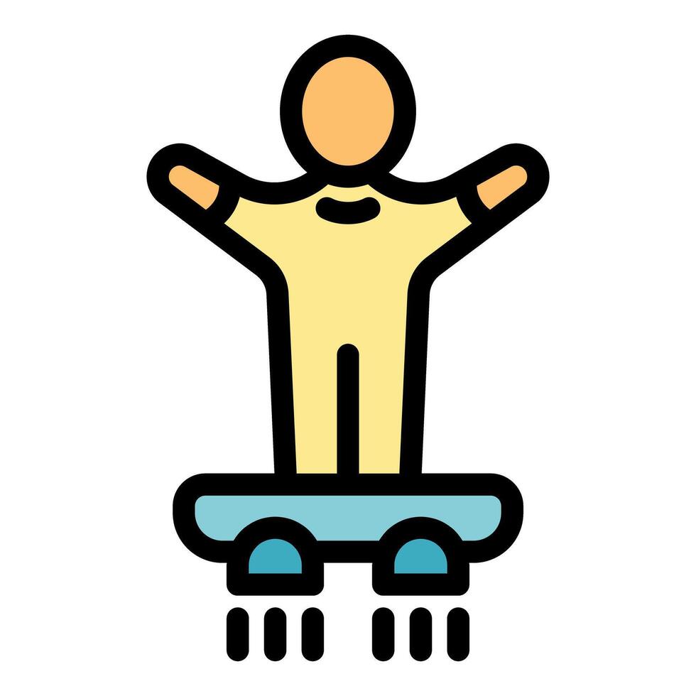 Man balancing on flying electric hoverboard raising arms in celebration vector